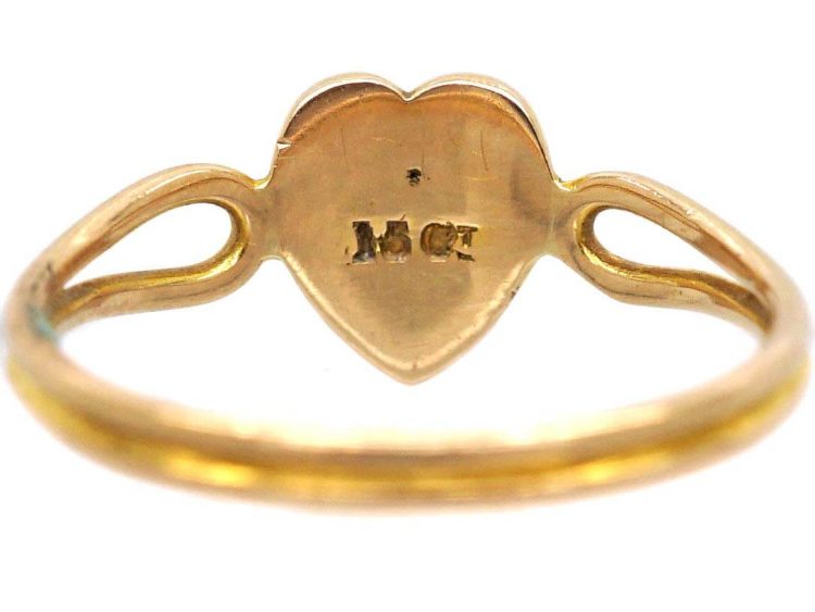 Edwardian 15ct Gold Heart Shaped Ring set with a Diamond & Natural Split Pearls