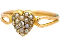 Edwardian 15ct Gold Heart Shaped Ring set with a Diamond & Natural Split Pearls