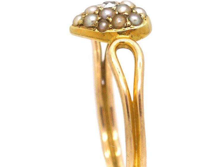 Edwardian 15ct Gold Heart Shaped Ring set with a Diamond & Natural Split Pearls