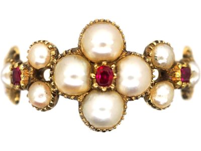 Georgian 15ct Gold Ruby & Natural Split Pearl Flower Cluster Ring