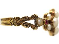Georgian 15ct Gold Ruby & Natural Split Pearl Flower Cluster Ring