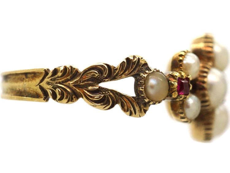 Georgian 15ct Gold Ruby & Natural Split Pearl Flower Cluster Ring
