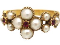 Georgian 15ct Gold Ruby & Natural Split Pearl Flower Cluster Ring