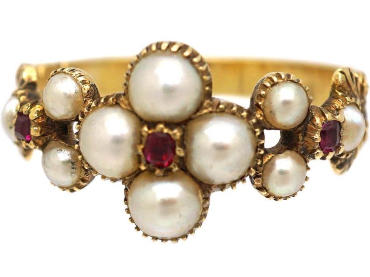 Georgian 15ct Gold Ruby & Natural Split Pearl Flower Cluster Ring
