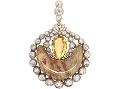 Georgian Agate, Topaz & Diamond Half Moon Pendant with Glazed Locket in Case