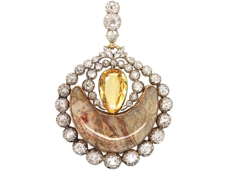 Georgian Agate, Topaz & Diamond Half Moon Pendant with Glazed Locket in Case