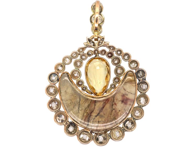 Georgian Agate, Topaz & Diamond Half Moon Pendant with Glazed Locket in Case