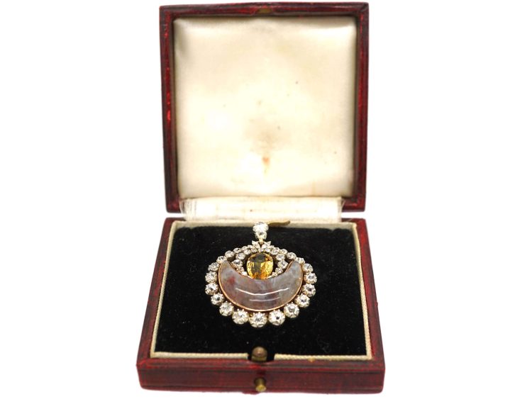 Georgian Agate, Topaz & Diamond Half Moon Pendant with Glazed Locket in Case