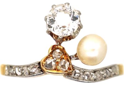 Art Nouveau 18ct Gold Ring set with a Diamond, A Natural Pearl & Rose Diamonds