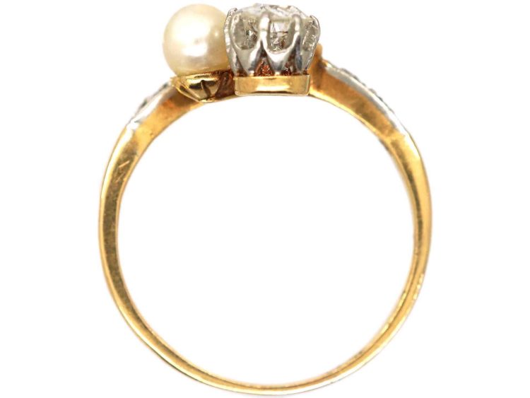 Art Nouveau 18ct Gold Ring set with a Diamond, A Natural Pearl & Rose Diamonds