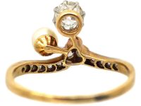 Art Nouveau 18ct Gold Ring set with a Diamond, A Natural Pearl & Rose Diamonds