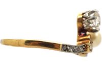 Art Nouveau 18ct Gold Ring set with a Diamond, A Natural Pearl & Rose Diamonds