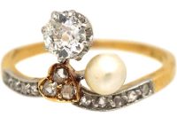 Art Nouveau 18ct Gold Ring set with a Diamond, A Natural Pearl & Rose Diamonds
