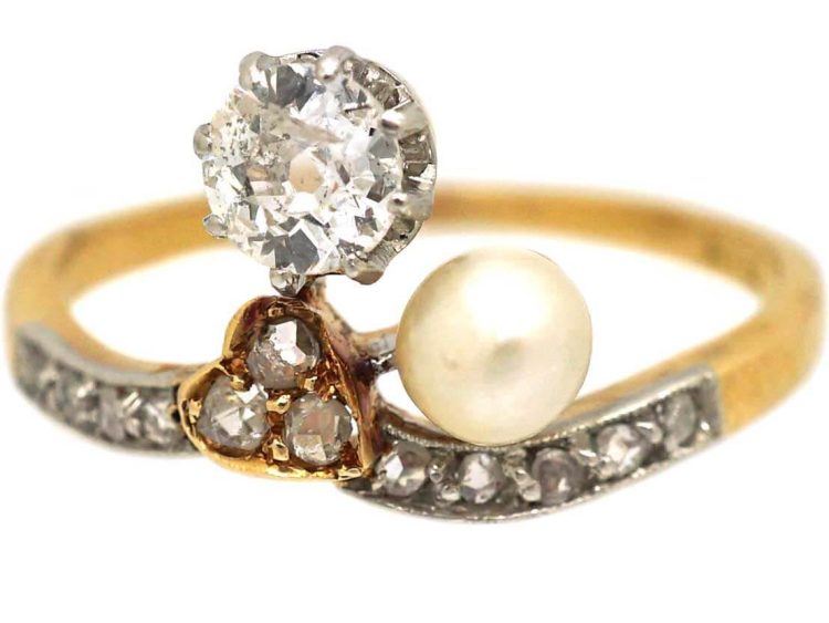 Art Nouveau 18ct Gold Ring set with a Diamond, A Natural Pearl & Rose Diamonds