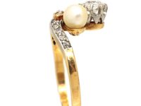 Art Nouveau 18ct Gold Ring set with a Diamond, A Natural Pearl & Rose Diamonds