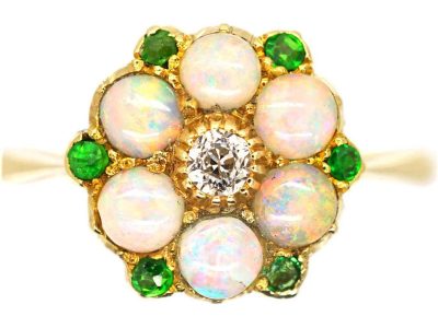 Edwardian 18ct Gold Cluster Ring set with a Diamond, Opals & Green Garnets