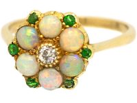Edwardian 18ct Gold Cluster Ring set with a Diamond, Opals & Green Garnets