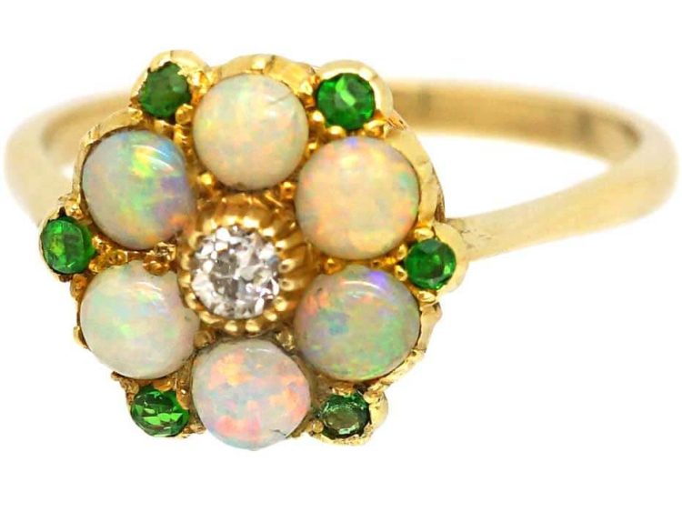 Edwardian 18ct Gold Cluster Ring set with a Diamond, Opals & Green Garnets