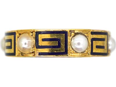 Victorian 15ct Gold Eternity Ring set with Natural Split Pearls & Blue Enamel Key Design