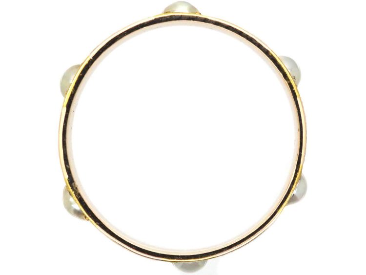 Victorian 15ct Gold Eternity Ring set with Natural Split Pearls & Blue Enamel Key Design