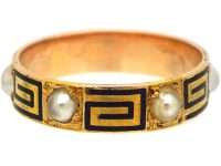 Victorian 15ct Gold Eternity Ring set with Natural Split Pearls & Blue Enamel Key Design