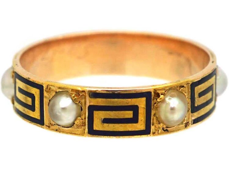 Victorian 15ct Gold Eternity Ring set with Natural Split Pearls & Blue Enamel Key Design