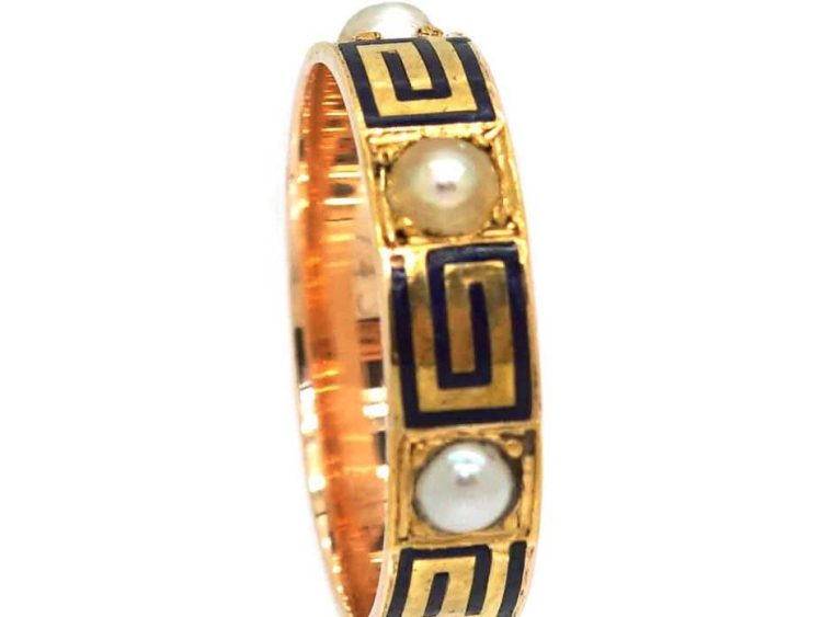Victorian 15ct Gold Eternity Ring set with Natural Split Pearls & Blue Enamel Key Design