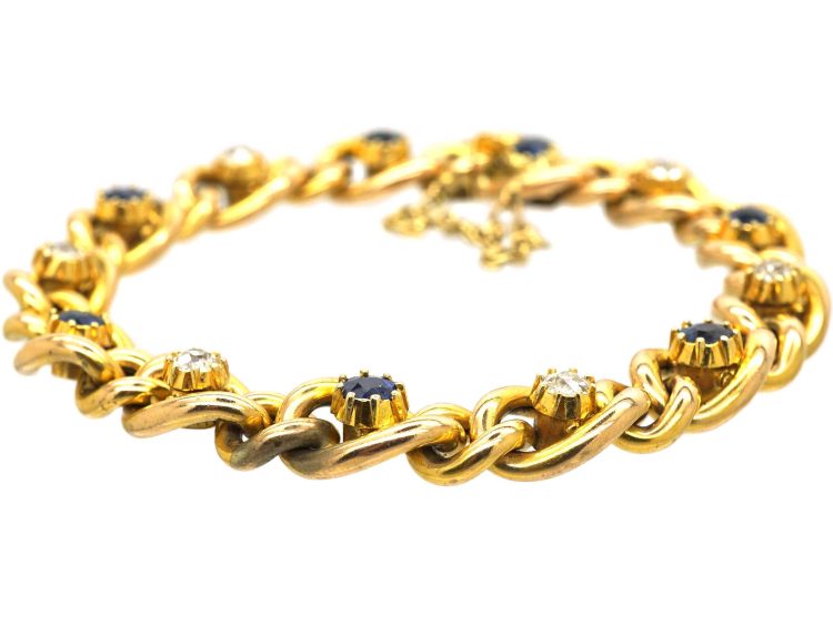 Edwardian 15ct Gold Curb Bracelet set with Diamonds & Sapphires