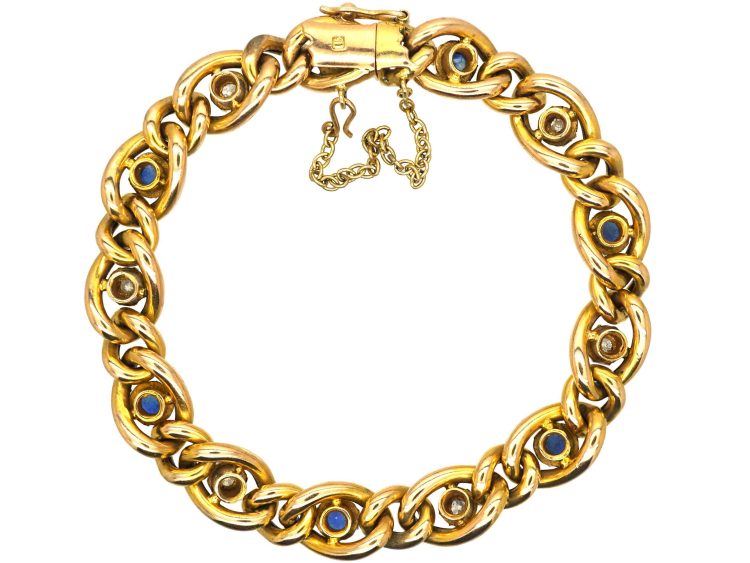 Edwardian 15ct Gold Curb Bracelet set with Diamonds & Sapphires