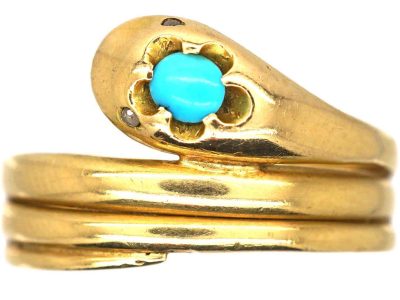 Victorian 18ct Gold Coily Snake Ring set with a Turquoise & Rose Diamond Eyes