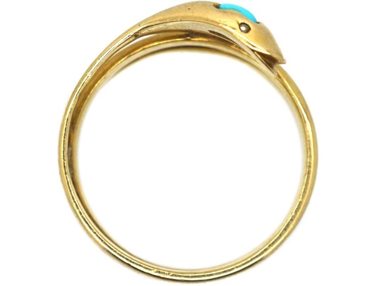 Victorian 18ct Gold Coily Snake Ring set with a Turquoise & Rose Diamond Eyes