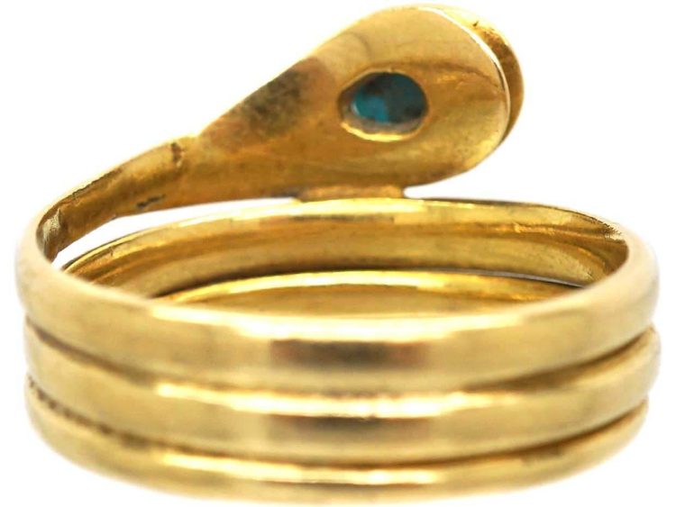 Victorian 18ct Gold Coily Snake Ring set with a Turquoise & Rose Diamond Eyes