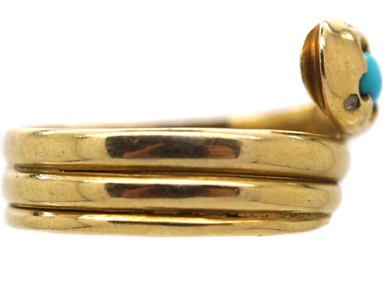 Victorian 18ct Gold Coily Snake Ring set with a Turquoise & Rose Diamond Eyes