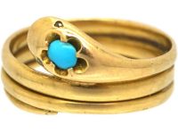 Victorian 18ct Gold Coily Snake Ring set with a Turquoise & Rose Diamond Eyes