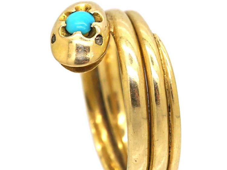 Victorian 18ct Gold Coily Snake Ring set with a Turquoise & Rose Diamond Eyes