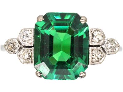 Art Deco Green 18ct White Gold & Platinum, Tourmaline & Diamond Ring