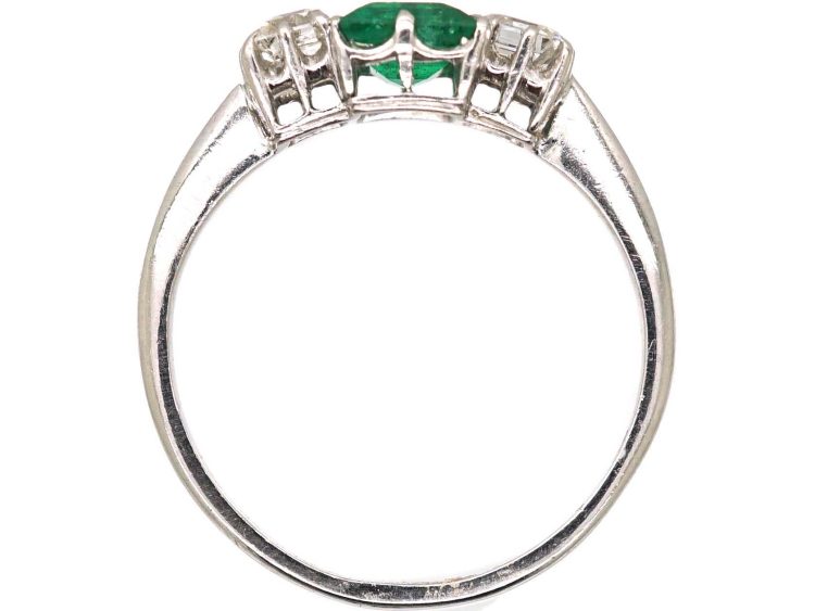 Art Deco Platinum Three Stone Ring set with a Rectangular cut Emerald & Diamonds