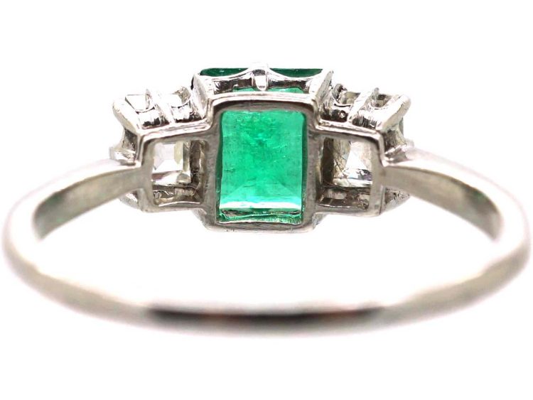 Art Deco Platinum Three Stone Ring set with a Rectangular cut Emerald & Diamonds