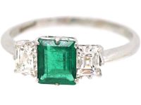 Art Deco Platinum Three Stone Ring set with a Rectangular cut Emerald & Diamonds