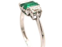 Art Deco Platinum Three Stone Ring set with a Rectangular cut Emerald & Diamonds