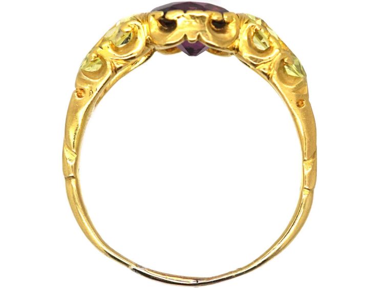 Early Victorian 15ct Gold Ring set with a Garnet & Two Pear Shaped Chrysolites