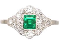 Art Deco 18ct White Gold & Platinum Emerald & Diamond Cluster Ring