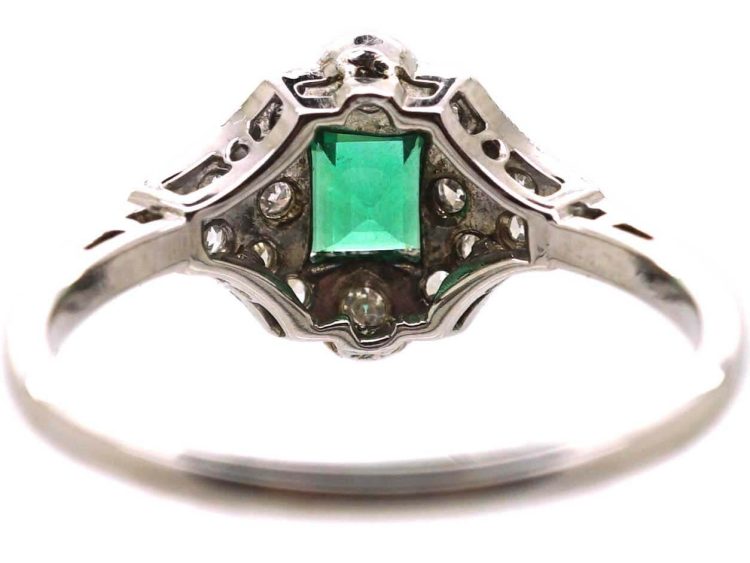 Art Deco 18ct White Gold & Platinum Emerald & Diamond Cluster Ring