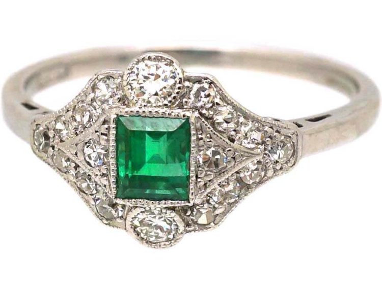 Art Deco 18ct White Gold & Platinum Emerald & Diamond Cluster Ring