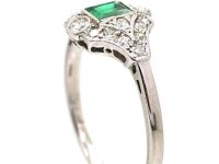 Art Deco 18ct White Gold & Platinum Emerald & Diamond Cluster Ring