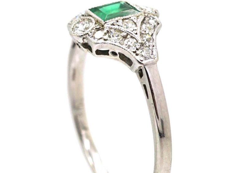 Art Deco 18ct White Gold & Platinum Emerald & Diamond Cluster Ring