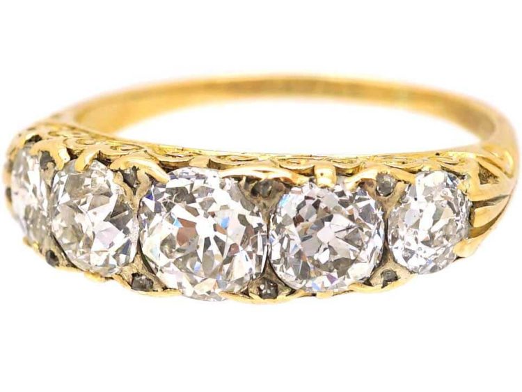 Victorian 18ct Gold Carved Half Hoop Five Stone Diamond Ring