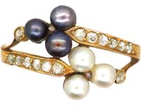 Edwardian 18ct Gold, Black & White Natural Pearl & Rose Diamond Crossover Ring