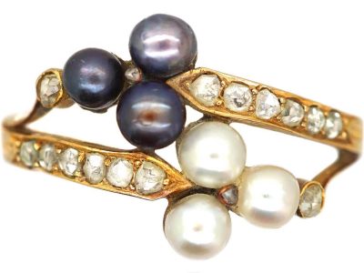 Edwardian 18ct Gold, Black & White Natural Pearl & Rose Diamond Crossover Ring