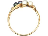 Edwardian 18ct Gold, Black & White Natural Pearl & Rose Diamond Crossover Ring